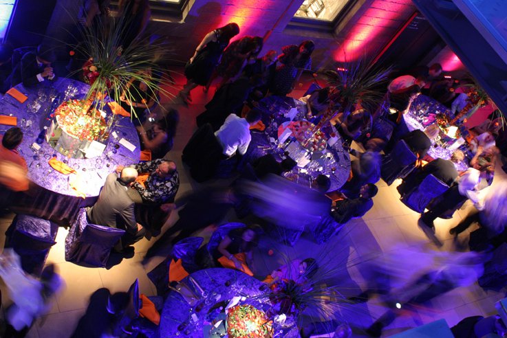 IN AN ART GALLERY Manchester Art Gallery atrium - dinner - purple effect lighting