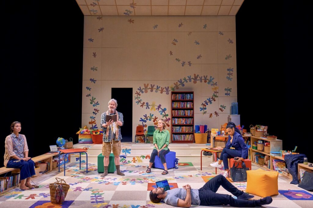 Kirsten Foster, Mark McKinney, Helen Hunt, Ben Schnetzer, and Susan Kelechi Watson in Eureka Day at The Old Vic (Photo: Manuel Harlan)